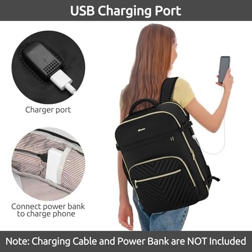 Travel Backpack for Women, Carry On Backpack for Airplanes Flight Approved, Waterproof Large Weekender Overnight Bag Fit 17 Inch Laptop with USB Charging Port, Black - Image 6