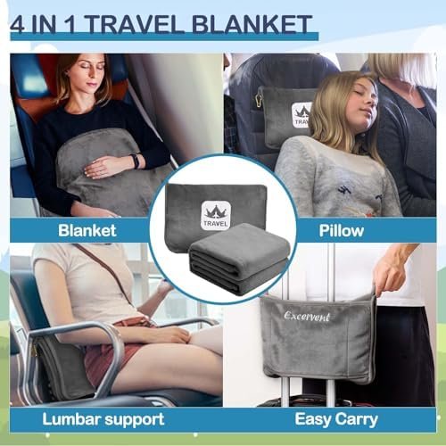 Excervent Travel Blanket 2 in 1 Soft Flannel Airplane Throw Blankets in Soft Bag Pillow case with Hand Luggage Belt, 65x40inch, Grey - Image 3
