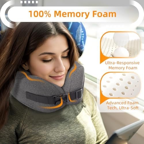 Neck Pillow Airplane Travel Set - Pure Memory Foam Travel Neck Pillow, Plane Pillow for Long Flights Essentials, Sleeping Travel with 3D Contoured Eye Mask, Earplugs, Portable Bag (Gray) - Image 5