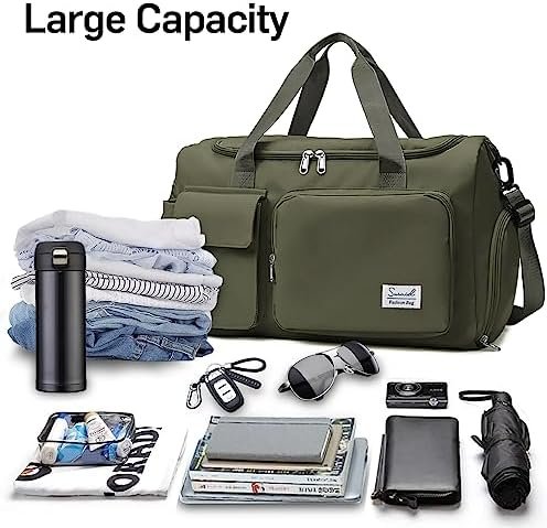 Travel Duffel Bag with Shoes Compartment Sports Gym Bag with Dry Wet Separated Pocket for Men and Women, Overnight Bag Weekender Bag Training Handbag Yoga Bag - Olive Green - Image 4