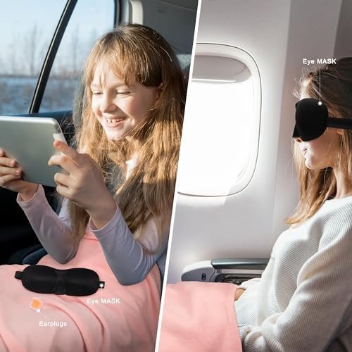 Travel Blanket Airplane Compact with Bag Throw Blankets with Sleep Masks, Earplugs, and Storage Bags for Camping Home Office 50" x 60" 2-Pack Pink - Image 4