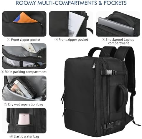 Travel Backpack for Men Women, Large Carry On Backpack, Personal Item Bag Airline Approved, Laptop Backpack 17.3 inch, Business Work Gym Weekender Bag, Black - Image 8