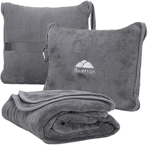 BlueHills Premium Soft Travel Blanket Pillow Airplane Flight Blanket Throw Bag Pillowcase Compact Large Blanket 2 in 1 Combo Warm Traveling Plane Essentials Portable Gifts Lightweight Grey Gray T007