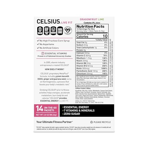 CELSIUS® On-the-Go Powder Sticks Dragonfruit Lime, Essential Energy 2.8 Oz (14 Sticks per Pack) - Image 4