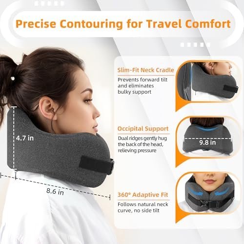 Neck Pillow Airplane Travel Set - Pure Memory Foam Travel Neck Pillow, Plane Pillow for Long Flights Essentials, Sleeping Travel with 3D Contoured Eye Mask, Earplugs, Portable Bag (Gray) - Image 3