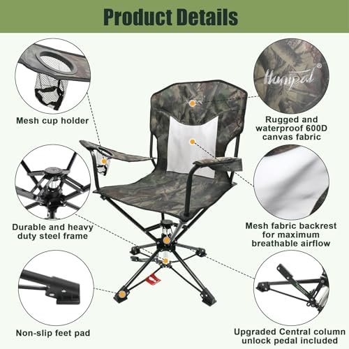 HUNTPAL 360 Degree Swivel Hunting Seat for Hunting Blinds, Foldable Steel Frame Outdoor Fishing Chair w/Armrests, Cup Holder and Carrying Shoulder Strap, Camo Water-Resistant High-Grade 600D Canvas - Image 3