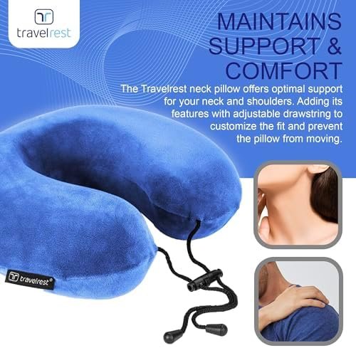 TRAVELREST - Therapeutic Memory Foam Travel & Neck Pillow - Washable Micro-Fiber Cover - Attaches to Luggage - Contours Perfectly to Your Neck and Head (2-Year Warranty) (Blue) - Image 8