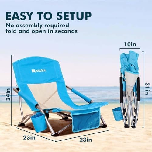 AKSOUL Folding Beach Chair for Adults: Low/High Back Chairs with Carry Bag - Extra Wide Seat Chair with Comfortable Pillow & Storage Pocket (1 Pack & 2 Pack, Blue) - Image 6