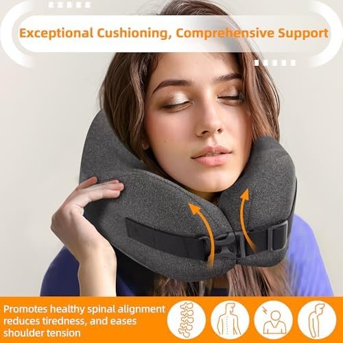 Neck Pillow Airplane Travel Set - Pure Memory Foam Travel Neck Pillow, Plane Pillow for Long Flights Essentials, Sleeping Travel with 3D Contoured Eye Mask, Earplugs, Portable Bag (Gray) - Image 6
