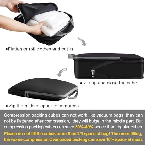 BAGAIL 4 Set/6 Set Compression Packing Cubes Travel Accessories Expandable Packing Organizers(Black ClothPattern 4 Set) - Image 5
