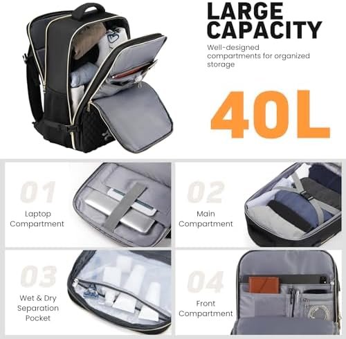 Travel Backpack for Women, Flight Approved Carry On Backpack, Large 40L Suitcase Backpacks Waterproof Luggage Bag Weekender Daypack Fit 17 Inch Laptop, Black - Image 2