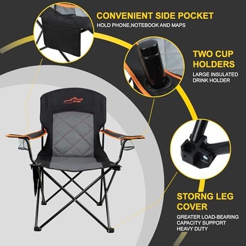 FAIR WIND 2 Pack Oversized Fully Padded Camping Chair Heavy Duty Quad Fold Arm Chair Support 350 LBS with Cup Holder, Collapsible Lumbar Back Chair Portable for Outdoor, Black - Image 5