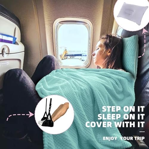 4 in 1 Travel Blanket and Pillow Set with Airplane Footrest - 350 GSM Thick Travel Blanket Airplane Compact with Bag, Inflatable Pillow, Foot Hammock for Plane Travel (Green) - Image 2