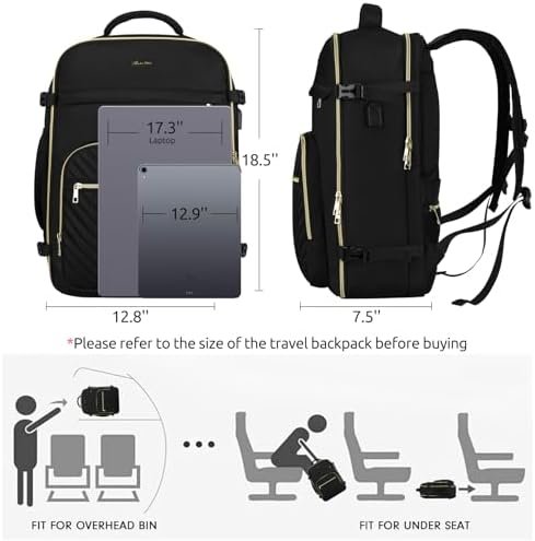 Travel Backpack for Women, Carry On Backpack for Airplanes Flight Approved, Waterproof Large Weekender Overnight Bag Fit 17 Inch Laptop with USB Charging Port, Black - Image 3