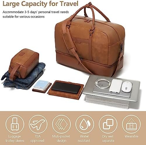 Wogarl 4PCS Leather Weekender Bag for Women Men Large Overnight Bag Travel Duffel Bag with Shoe Compartment Toiletry Satchel Bag Carry On Bag Fit 21" Laptop(Light Brown) - Image 3
