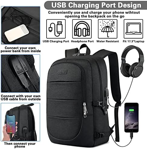 AMBOR Travel Laptop Backpack for Men, 15.6-17.3 inch Laptop Backpack for School, Anti Theft Business Work Backpack with USB Charging Port, Water Resistant College Computer Bag for Men & Women, Black - Image 2
