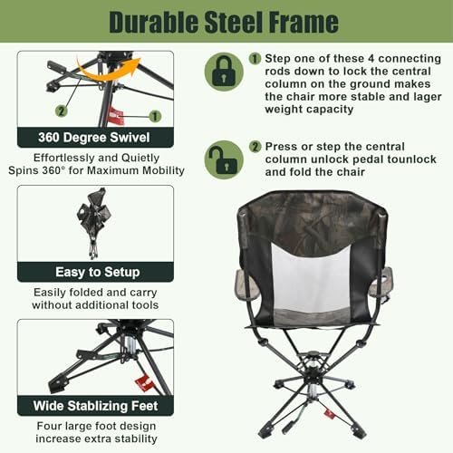 HUNTPAL 360 Degree Swivel Hunting Seat for Hunting Blinds, Foldable Steel Frame Outdoor Fishing Chair w/Armrests, Cup Holder and Carrying Shoulder Strap, Camo Water-Resistant High-Grade 600D Canvas - Image 4