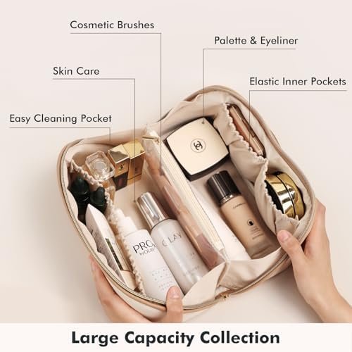 Prite Large Capacity Cosmetic Bag for Women Portable Waterproof PU Leather Makeup Bag Open Flat Makeup Organizer With Clear Divider and Handle(Beige) - Image 3