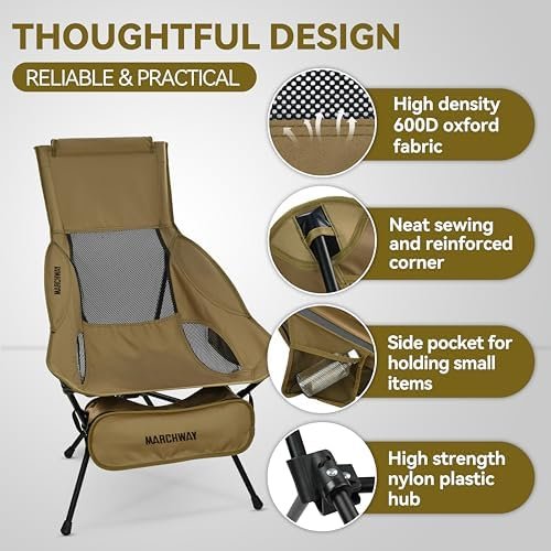 MARCHWAY Lightweight Folding High Back Camping Chair with Head Support, Stable Portable Compact for Outdoor Camp, Travel, Beach, Picnic, Festival, Hiking, Backpacking (Khaki) - Image 5