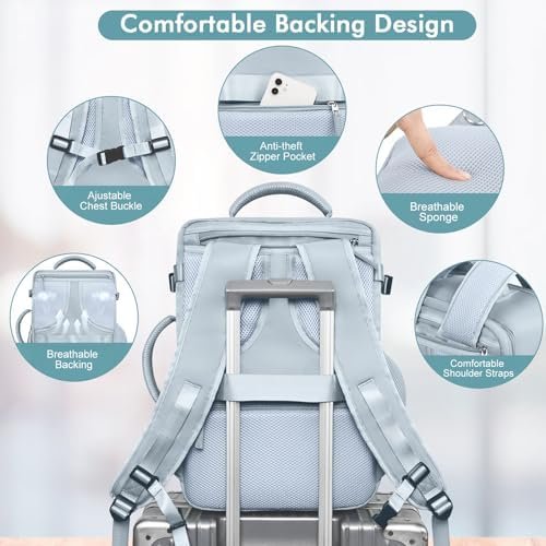 Travel Backpack for Men Women, TSA Friendly Flight Approved Carry-on Luggage Hand Backpack Underseat Personal Item, Business Work Gym Bag, Travel Essentials, Light Blue - Image 6