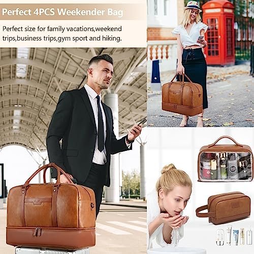 Wogarl 4PCS Leather Weekender Bag for Women Men Large Overnight Bag Travel Duffel Bag with Shoe Compartment Toiletry Satchel Bag Carry On Bag Fit 21" Laptop(Light Brown) - Image 2