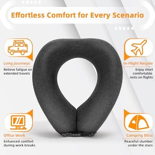 Neck Pillow Airplane Travel Set - Pure Memory Foam Travel Neck Pillow, Plane Pillow for Long Flights Essentials, Sleeping Travel with 3D Contoured Eye Mask, Earplugs, Portable Bag (Gray) - Image 4