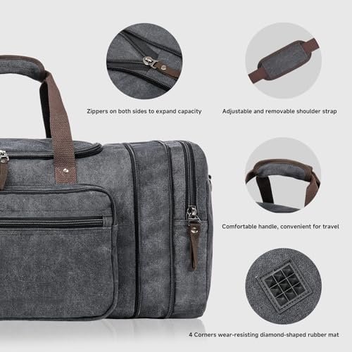 Canvas Expandable Duffle Bag for Men Traveling, Luggage Travel Bag Weekender Overnight Bag,Mens Gym Carry on Duffel Bags(Dark Grey) - Image 6