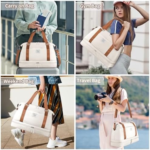 ETRONIK Weekender Bags for Women, Gym Bag with Shoes Compartment & Wet Pocket, Travel Duffel Bag with Trolley Sleeve for Personal Item Travel, Overnight Carry on Bag, Beige - Image 6