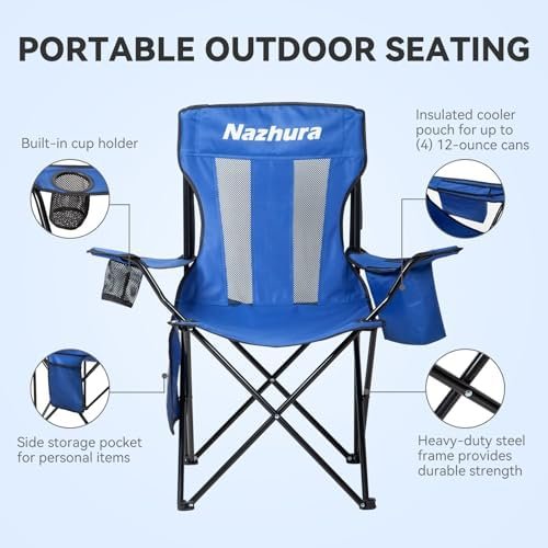 Nazhura 2 Pack Outdoor Camping Chairs Folding/Foldable/Portable with Cooler Pouch, Mesh Backrest and Cup Holder Pocket (Blue, 2 Pack) - Image 4