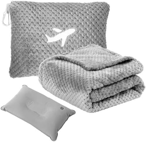 3 in 1 Travel Pillow and Blanket Set - 280 GSM Travel Blanket Airplane Compact with Bag, Inflatable Travel Pillow, Packable Airplane Blanket, Luggage Sleeve & Backpack Clip (Light Grey)