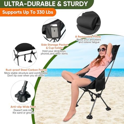 Camping Chairs,Portable Camping Chair for Adults with Headrest,Lawn Chairs Beach Chair with Anti-Sinking Feet Folding Backpacking Chair,Compact Foldable Travel Chair for Outdoor Camp Hiking Backpack - Image 4