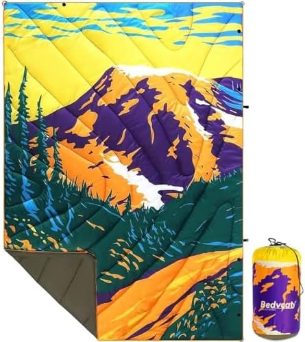 Camping Blanket, Puffy Waterproof Travel Blanket, Warm Cozy Picnic Blanket, for Outdoors, Travel, and Mountain.(Mountain, 78" x 56")