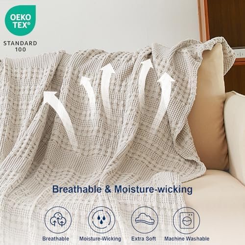 PHF 100% Cotton Waffle Weave Throw Blanket for Couch - Lightweight Washed Cotton Throw Blanket for Bed - 50"x60" Aesthetic Breathable Blanket for Room Decor & Office - Oatmeal - Image 4