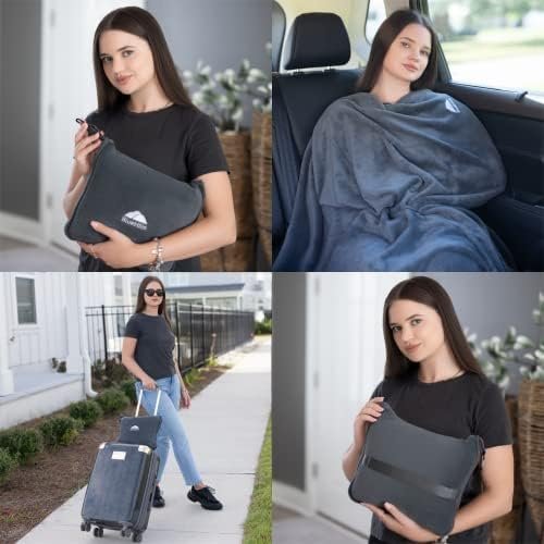 BlueHills Premium Soft Travel Blanket Pillow Airplane Flight Blanket Throw Bag Pillowcase Compact Large Blanket 2 in 1 Combo Warm Traveling Plane Essentials Portable Gifts Lightweight Grey Gray T007 - Image 2