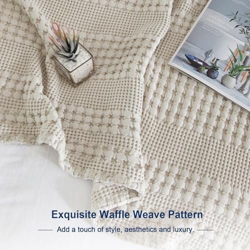 PHF 100% Cotton Waffle Weave Throw Blanket for Couch - Lightweight Washed Cotton Throw Blanket for Bed - 50"x60" Aesthetic Breathable Blanket for Room Decor & Office - Oatmeal - Image 5