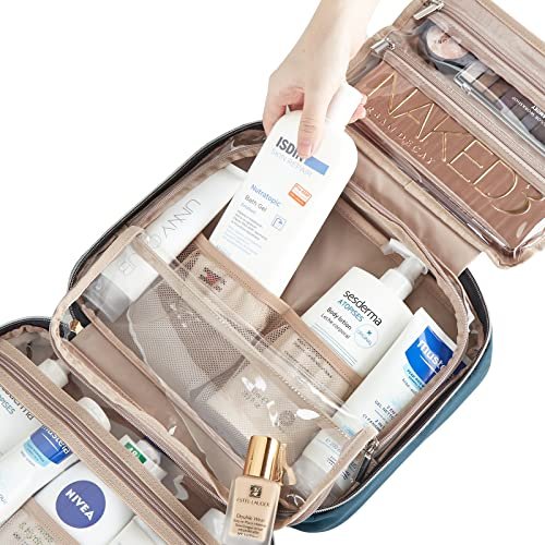 NISHEL Travel Toiletry Bag for women, Portable Hanging Organizer for Full-Sized Shampoo, Conditioner, Brushes Set, Makeup Accessories, Large Size, Lake-Blue - Image 5