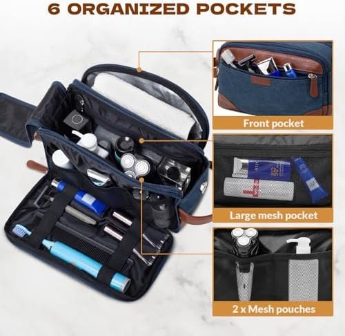 Travel Toiletry Bag for Men - Canvas Toiletries Bag with Multiple Pockets Large Hanging Dopp Kit Travel Bag for Toiletries Essentials Accessories - Navy Blue - Image 3