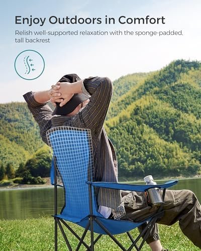 SONGMICS Folding Camping Chair, Supports 551 lb, with Comfortable Sponge Seat, Heavy Duty Structure, Cup Holder, Outdoor Picnic Chair - Image 4