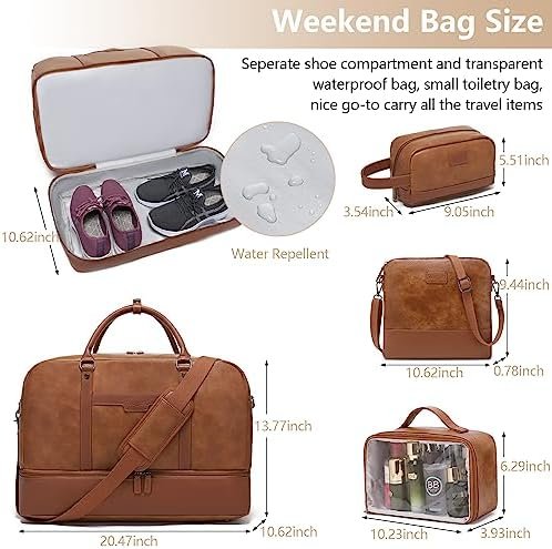 Wogarl 4PCS Leather Weekender Bag for Women Men Large Overnight Bag Travel Duffel Bag with Shoe Compartment Toiletry Satchel Bag Carry On Bag Fit 21" Laptop(Light Brown) - Image 6