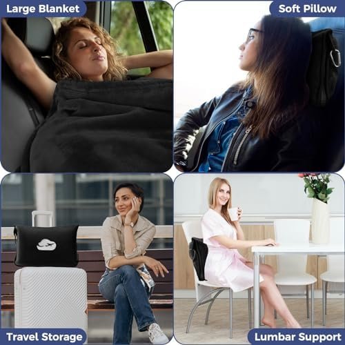 Travel Blanket Pillow with Pockets, Airplane Blanket Set, Plane Blanket Compact Packable, Flight Essentials Car Pillow - Travel Essentials Gift for Women and Men on Airplanes - Black - Image 6