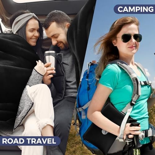 Travel Blanket Pillow with Pockets, Airplane Blanket Set, Plane Blanket Compact Packable, Flight Essentials Car Pillow - Travel Essentials Gift for Women and Men on Airplanes - Black - Image 4