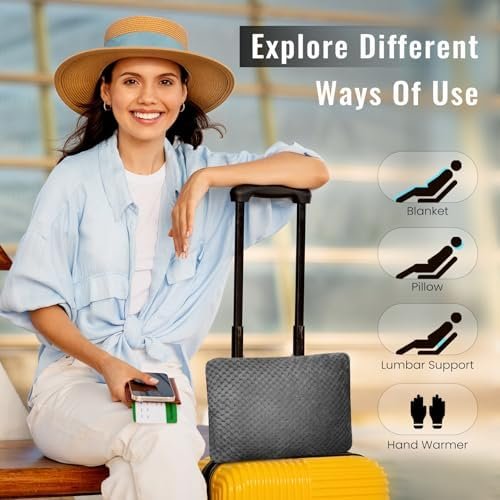 Travel Pillow Blanket Set-3 in 1 Travel Pillow Memory Foam, Soft Travel Blanket Airplane Compact with Bag, Inner Pillowcase, Hand Luggage Belts and Backpack Clip, for Plane Car, Grey - Image 6