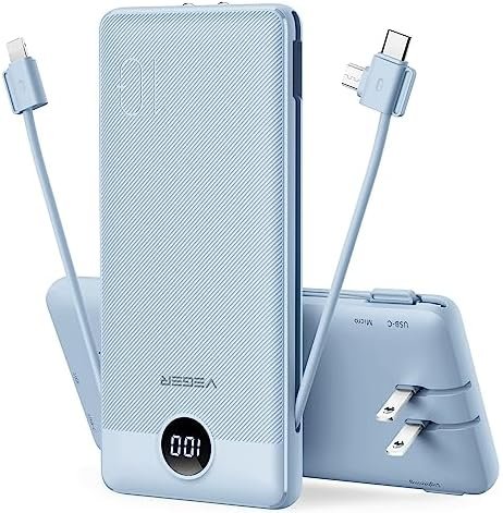 VEGER Portable Charger for iPhone Built in Cables and Wall Plug, 10000mah Slim Fast Charging USB C Power Bank, Travel Essential Battery Pack Compatible with iPhone, iPad, Samsung More Devices(Black)