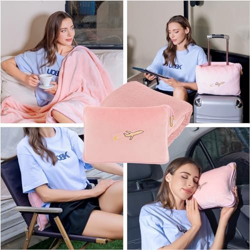 3 in 1 Travel Pillow and Blanket Set, Premium Soft 300 GSM Thick Airplane Blanket Compact with Bag for Long Trips Essentials, Hand Luggage Sleeve and Backpack Clip (Pink) - Image 8