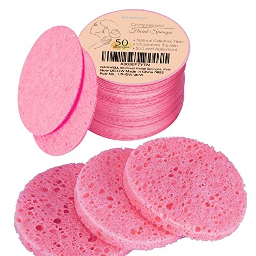 50-Count Compressed Facial Sponges for Daily Facial Cleansing and Exfoliating, 100% Natural Cosmetic Spa Sponges for Makeup Remover, Reusable, Pink