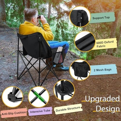 HaSteeL Folding Camping Chair, Portable Foldable Camp Chair for Adults, Comfortable 600D Oxford Fabric Collapsible Lawn Chairs for Indoor Outdoor Beach, 250lbs Weight Capacity, Storage Bag, Black - Image 3