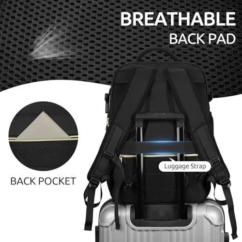 Travel Backpack for Women, Carry On Backpack for Airplanes Flight Approved, Waterproof Large Weekender Overnight Bag Fit 17 Inch Laptop with USB Charging Port, Black - Image 5