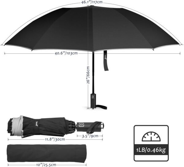 Automatic Travel Umbrella Compact - Reverse Folding Umbrella - Lightweight Umbrella for Rain Windproof - Large Umbrella for Rain or Sun - Umbrella for Kids, Men & Women with Reflective Strips - Image 7