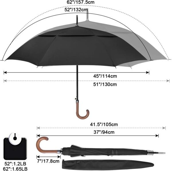 G4Free 52/62inch Wooden J Handle Golf Umbrella Windproof UV Protection Classic Stick Wedding Cane Umbrellas, Auto Open Cane Hook Handle - Image 2