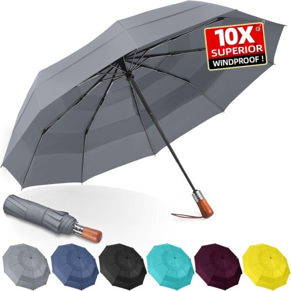 Compact Windproof Travel Umbrella- Large Light Automatic Open&Close Umbrellas for Rain,Triple Canopy Vented Portable Umbrellas for Men Women,Strong Wind Resistant Folding Umbrella 10 Ribs